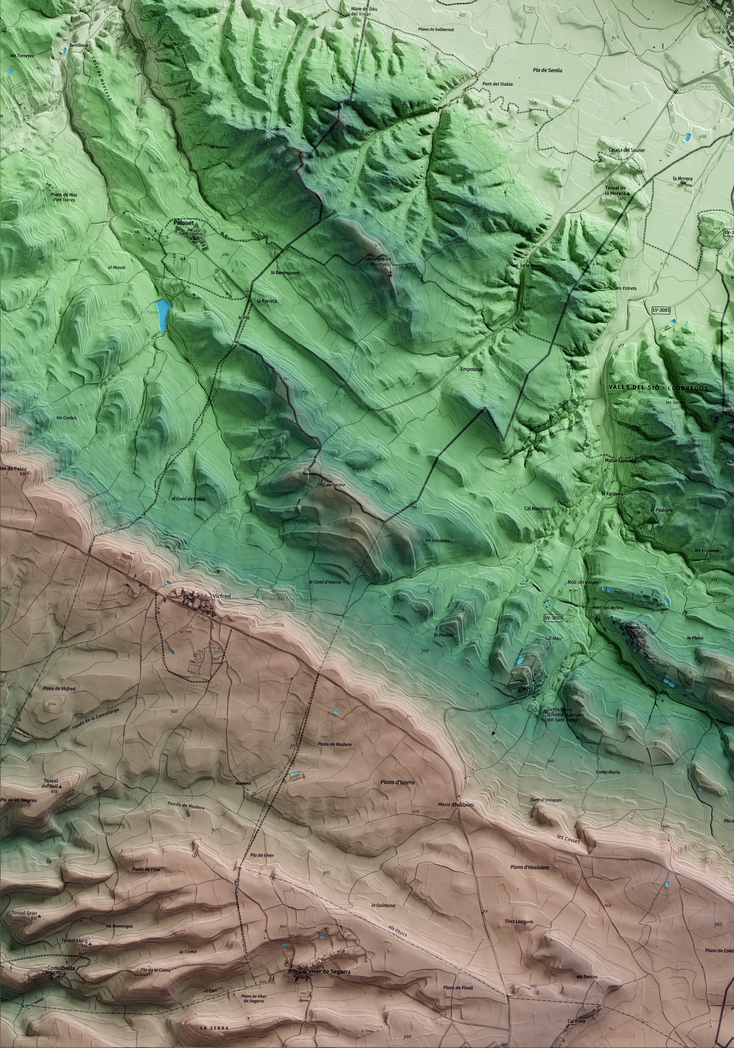 Mapa artístico del relieve de Torà, al Solsonès, con 15 km de entorno y base topográfica ICGC. Detalle de la zona inferior izquierda.