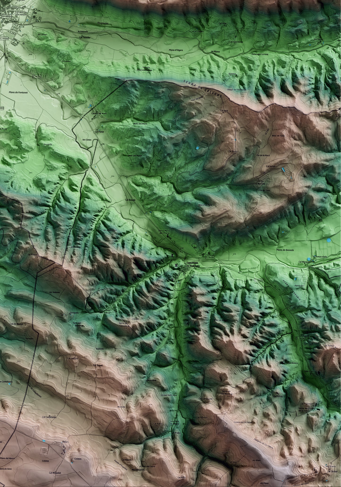 Mapa artístico del relieve de Torà, al Solsonès, con 15 km de entorno y base topográfica ICGC. Detalle de la zona inferior derecha.