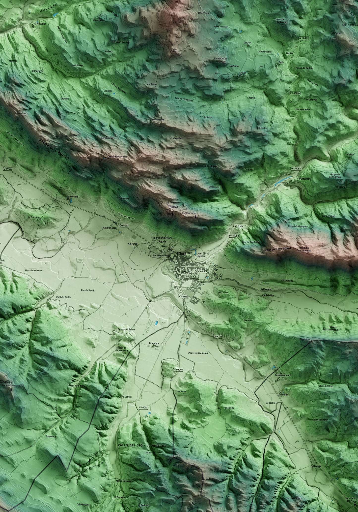 Mapa artístico del relieve de Torà, al Solsonès, con 15 km de entorno y base topográfica ICGC. Detalle de la zona central.