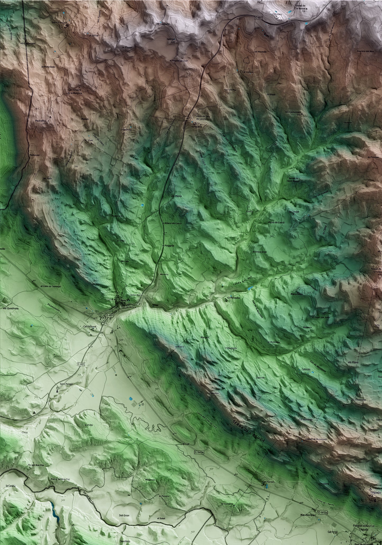Mapa artístico del relieve de Torà, al Solsonès, con 15 km de entorno y base topográfica ICGC. Detalle de la zona superior izquierda.