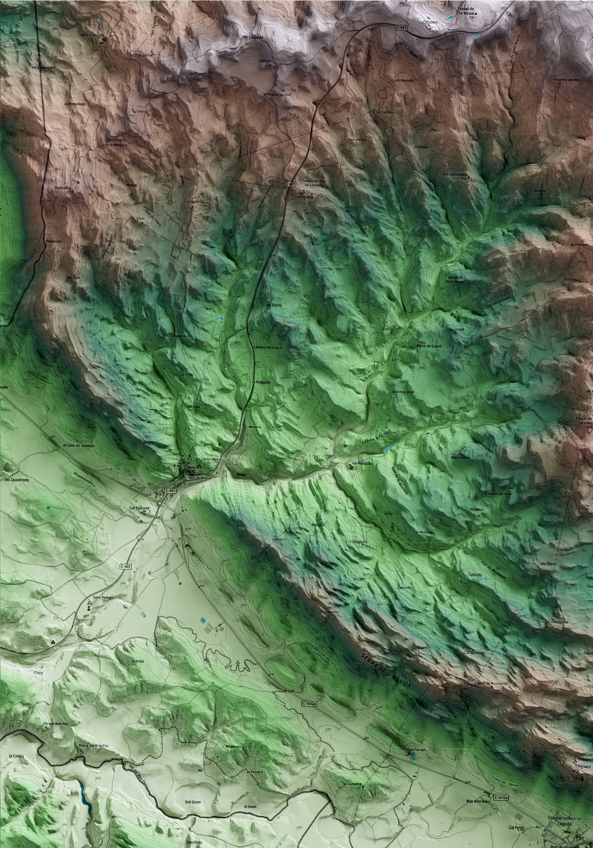 Mapa artístico del relieve de Torà, al Solsonès, con 15 km de entorno y base topográfica ICGC. Detalle de la zona superior izquierda.