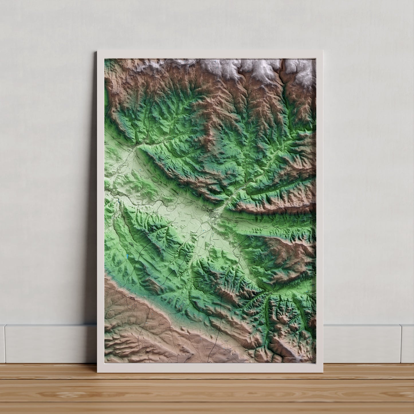 Mapa artístico del relieve de Torà, al Solsonès, con 15 km de entorno y base topográfica ICGC. Presentación enmarcada.