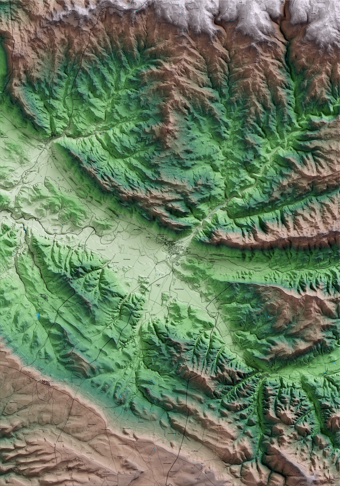 Mapa artístico del relieve de Torà, al Solsonès, con 15 km de entorno y base topográfica ICGC