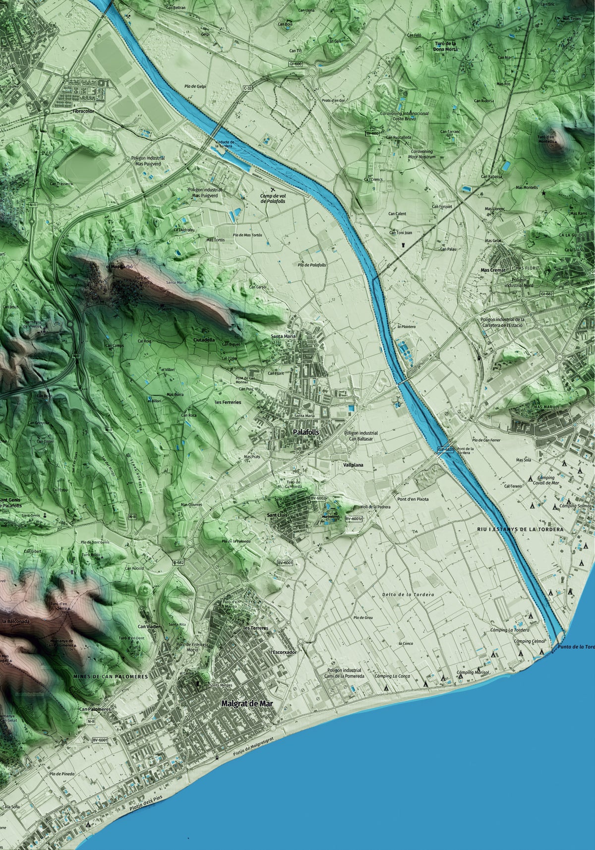 Mapa artístico del relieve de Tordera, al Maresme, con 15 km de entorno y base topográfica ICGC. Detalle de la zona inferior derecha.
