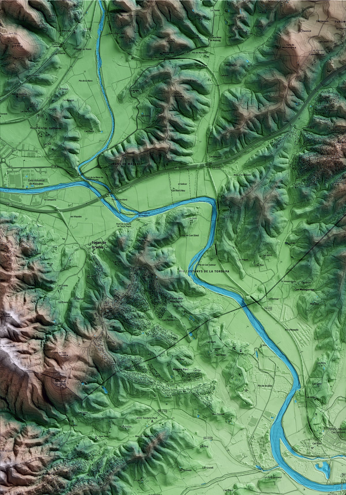 Mapa artístico del relieve de Tordera, al Maresme, con 15 km de entorno y base topográfica ICGC. Detalle de la zona superior izquierda.