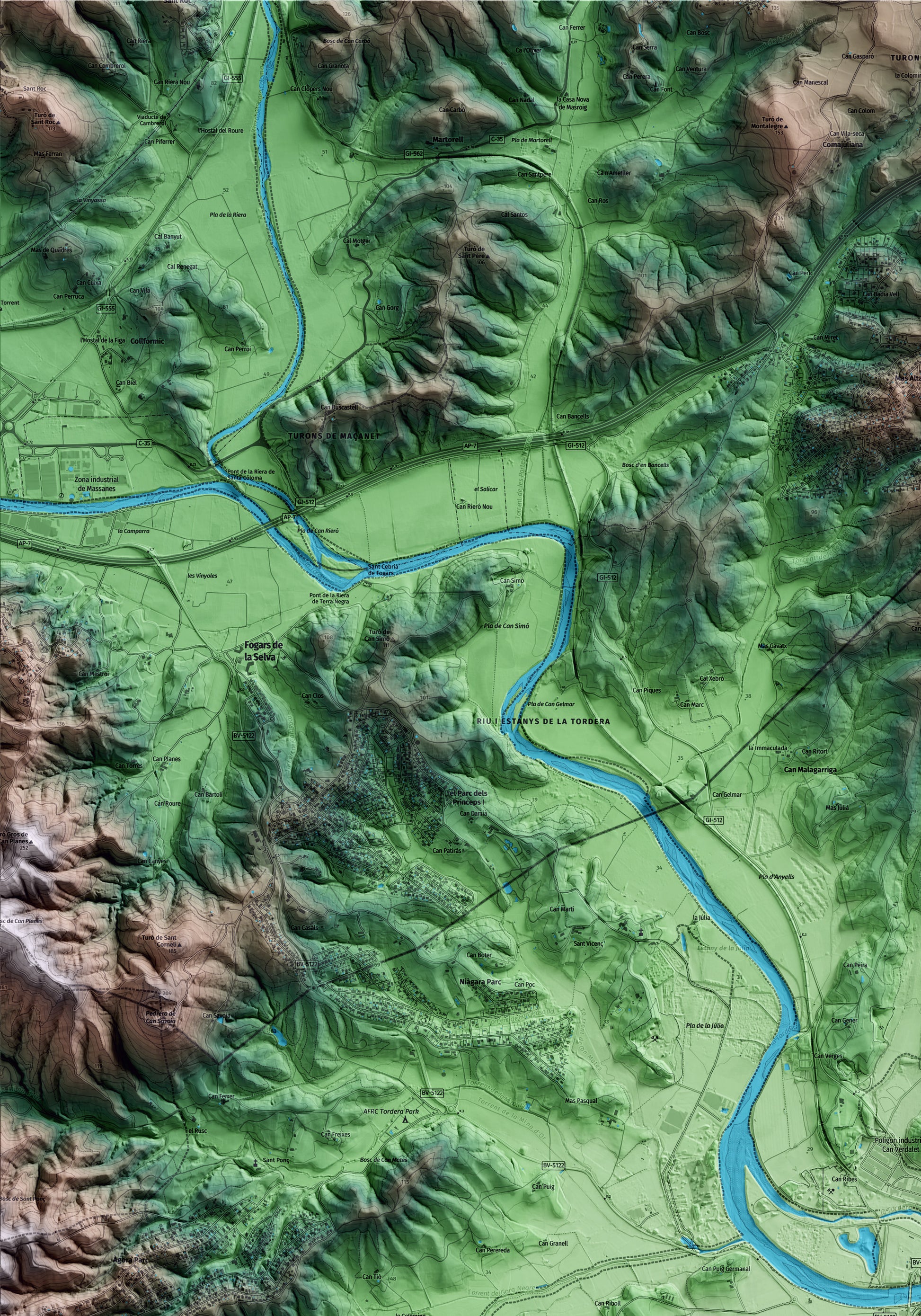Mapa artístico del relieve de Tordera, al Maresme, con 15 km de entorno y base topográfica ICGC. Detalle de la zona superior izquierda.