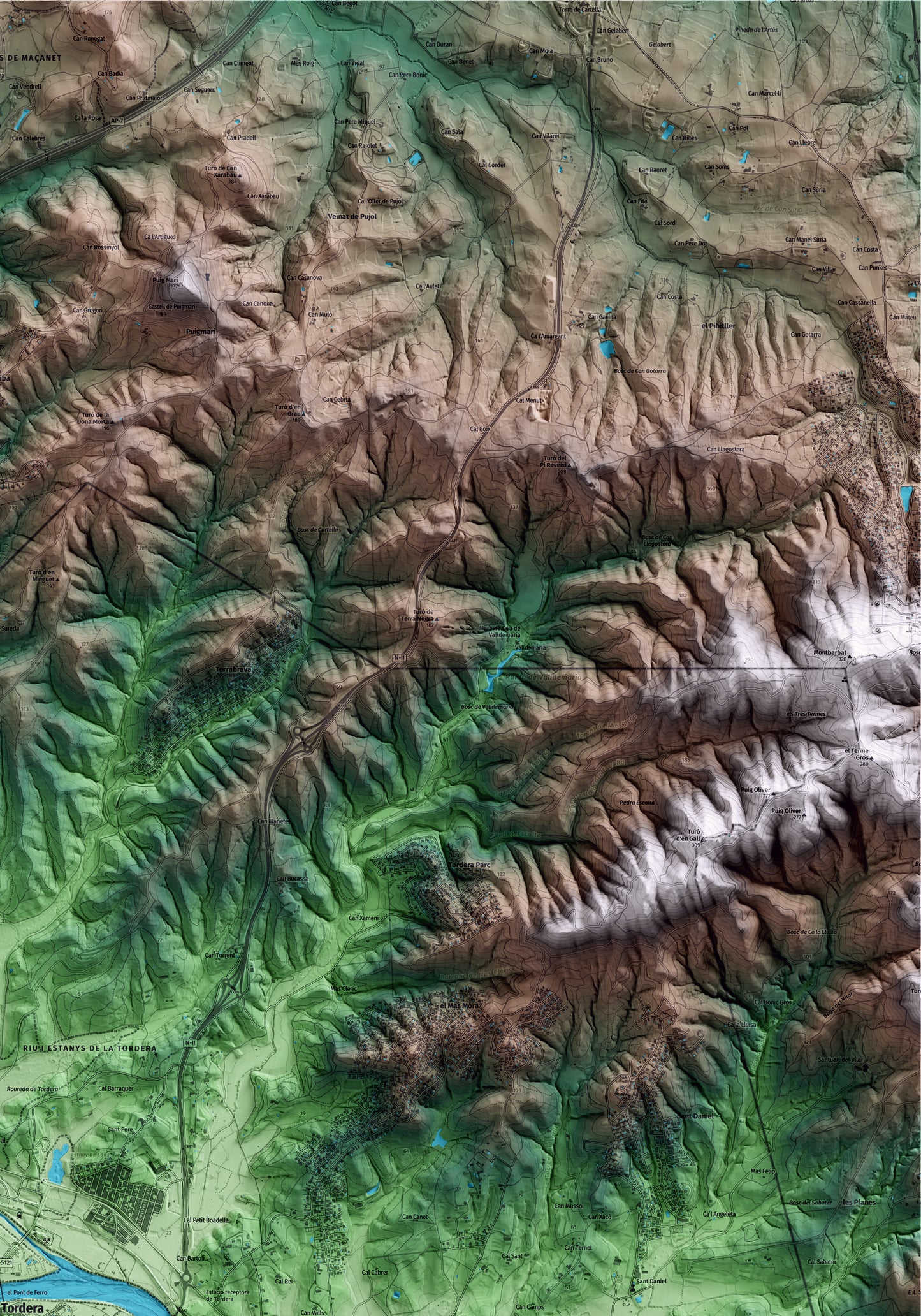 Mapa artístico del relieve de Tordera, al Maresme, con 15 km de entorno y base topográfica ICGC. Detalle de la zona superior derecha.