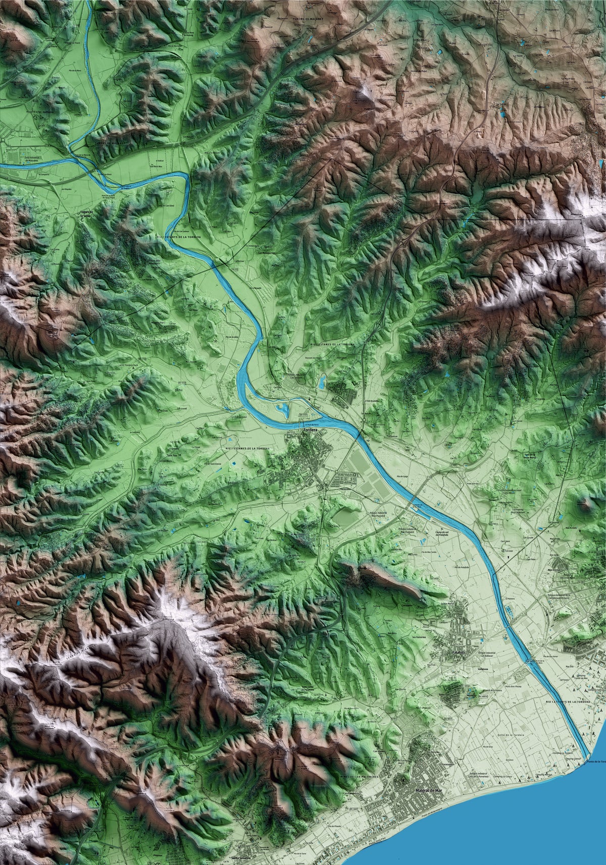 Mapa artístico del relieve de Tordera, al Maresme, con 15 km de entorno y base topográfica ICGC