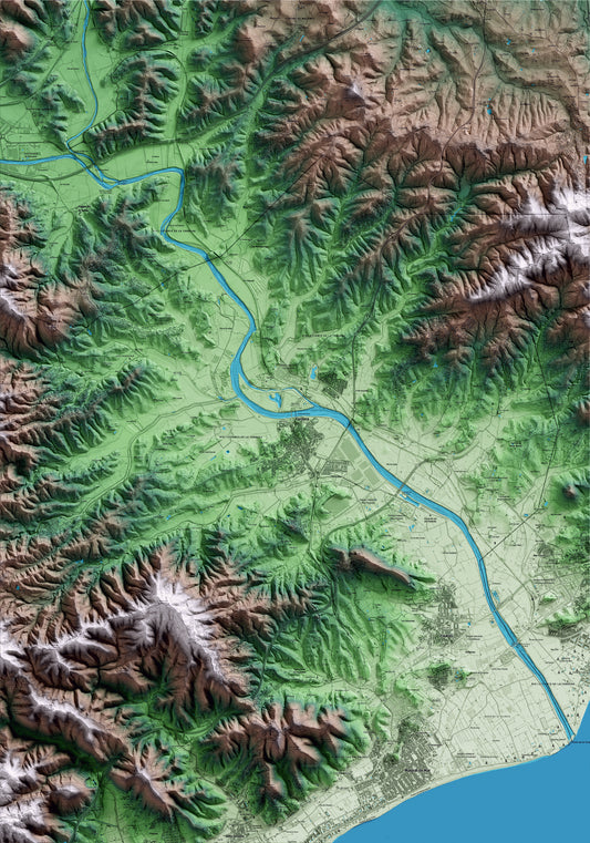 Mapa artístico del relieve de Tordera, al Maresme, con 15 km de entorno y base topográfica ICGC
