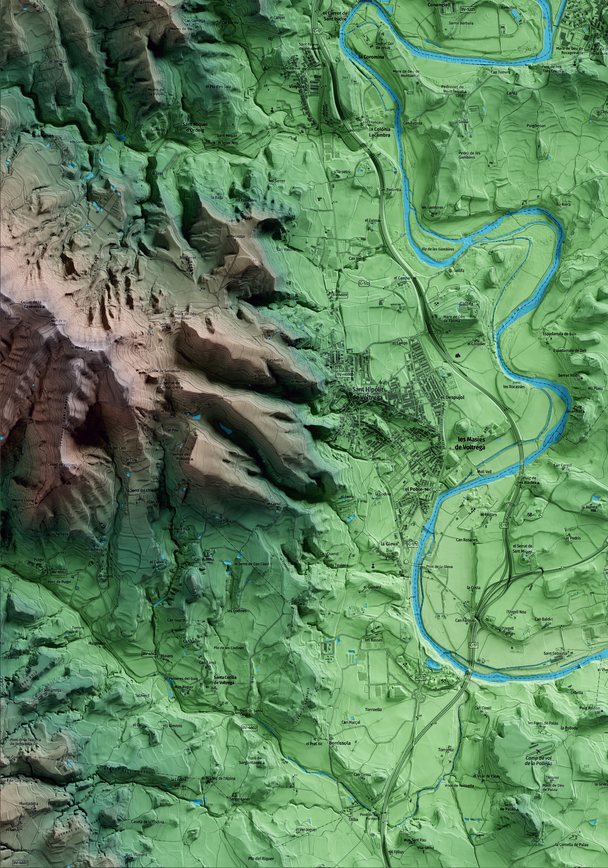 Mapa artístico del relieve de Torelló, a Osona, con 15 km de entorno y base topográfica ICGC. Detalle de la zona inferior izquierda.