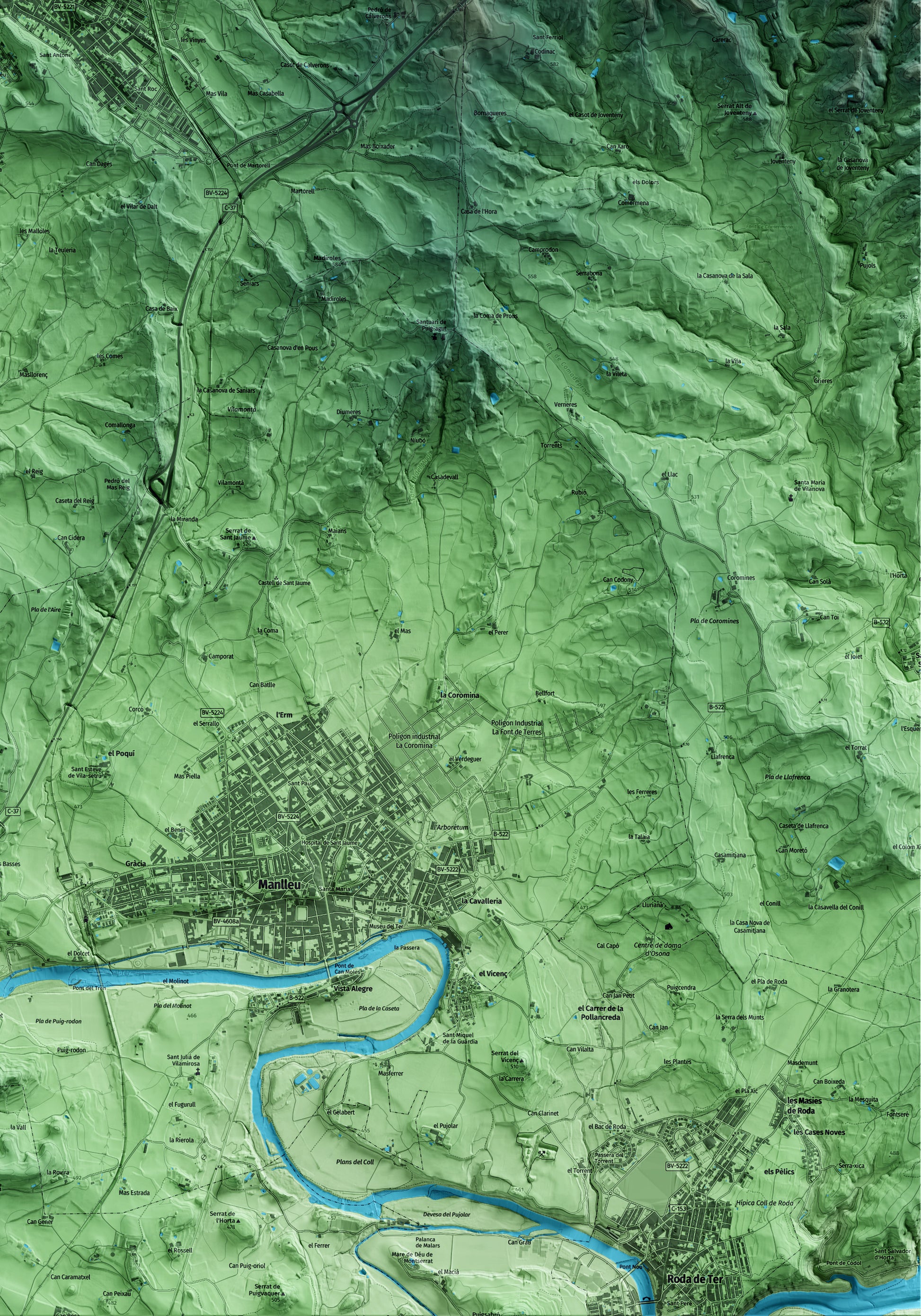 Mapa artístico del relieve de Torelló, a Osona, con 15 km de entorno y base topográfica ICGC. Detalle de la zona inferior derecha.