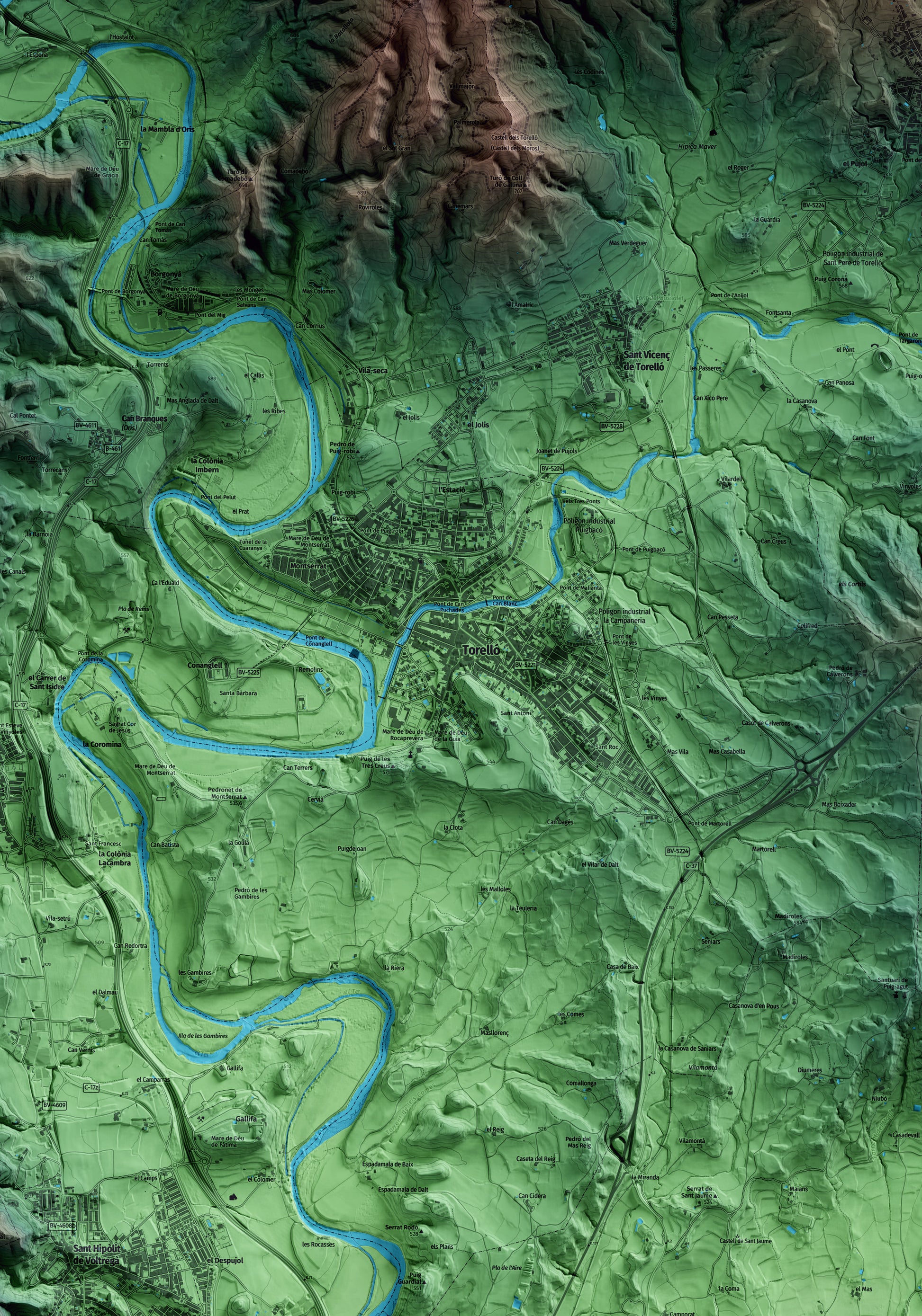 Mapa artístico del relieve de Torelló, a Osona, con 15 km de entorno y base topográfica ICGC. Detalle de la zona central.