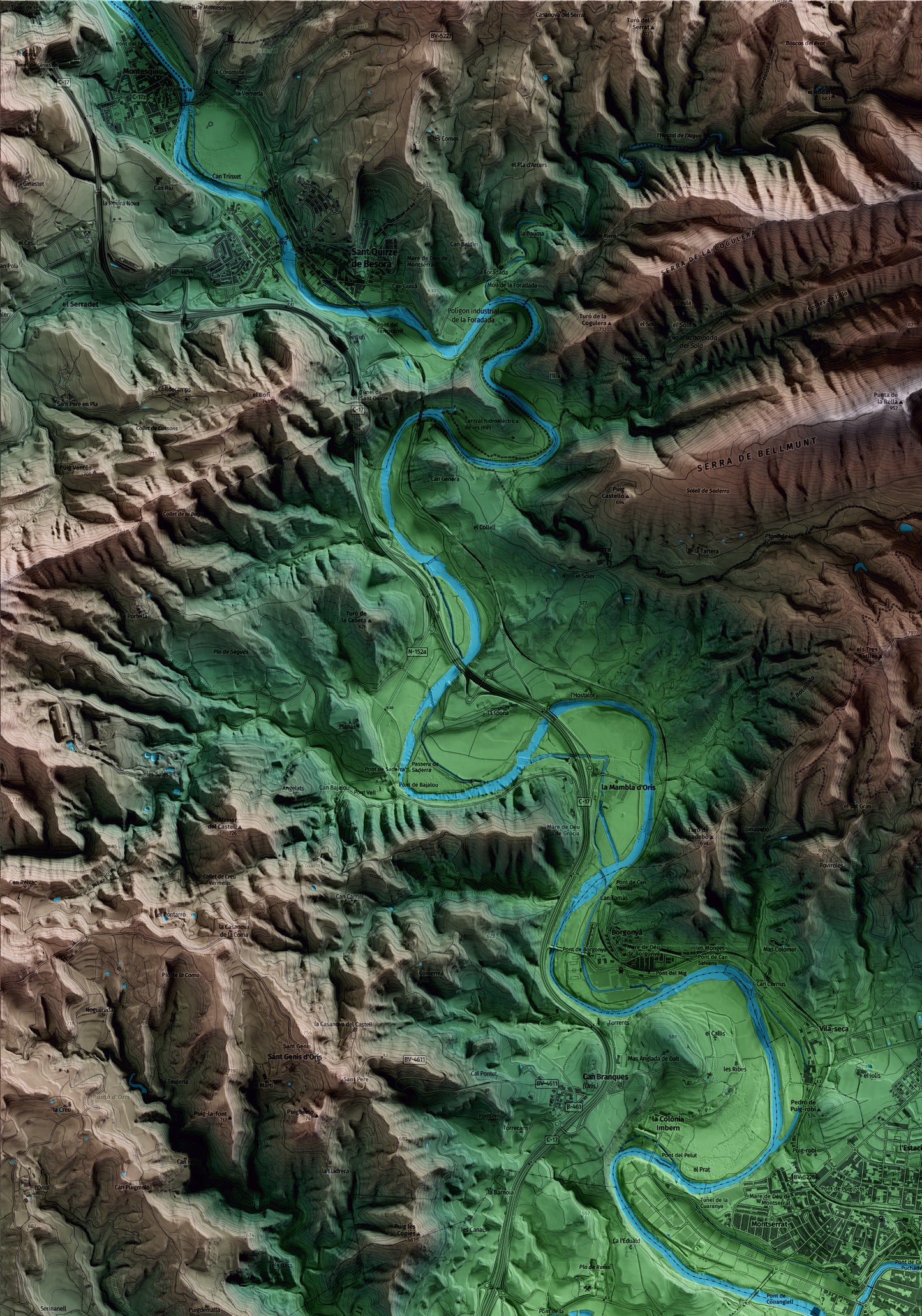 Mapa artístico del relieve de Torelló, a Osona, con 15 km de entorno y base topográfica ICGC. Detalle de la zona superior izquierda.
