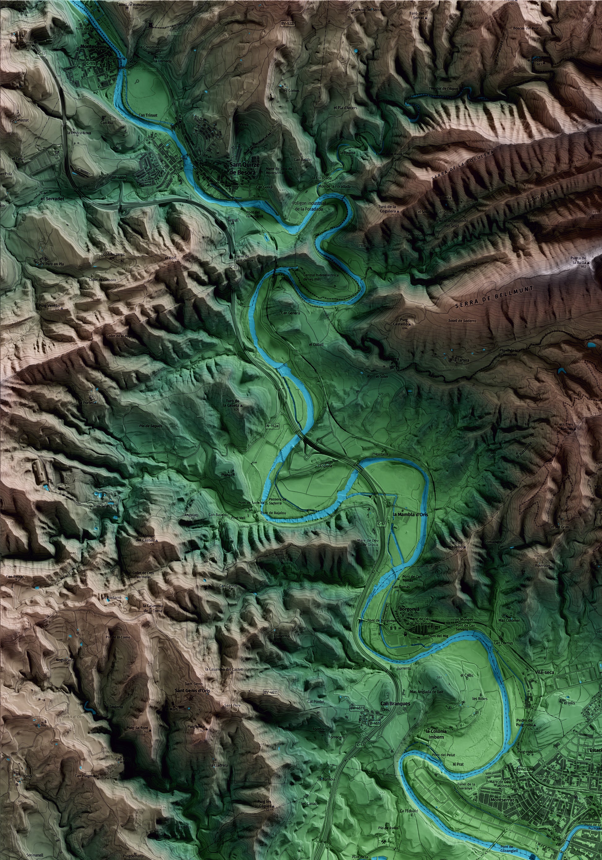 Mapa artístico del relieve de Torelló, a Osona, con 15 km de entorno y base topográfica ICGC. Detalle de la zona superior izquierda.