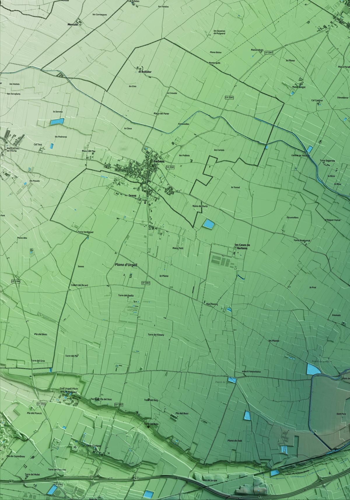 Mapa artístico del relieve de Tornabous, al Urgell, con 15 km de entorno y base topográfica ICGC. Detalle de la zona inferior izquierda.