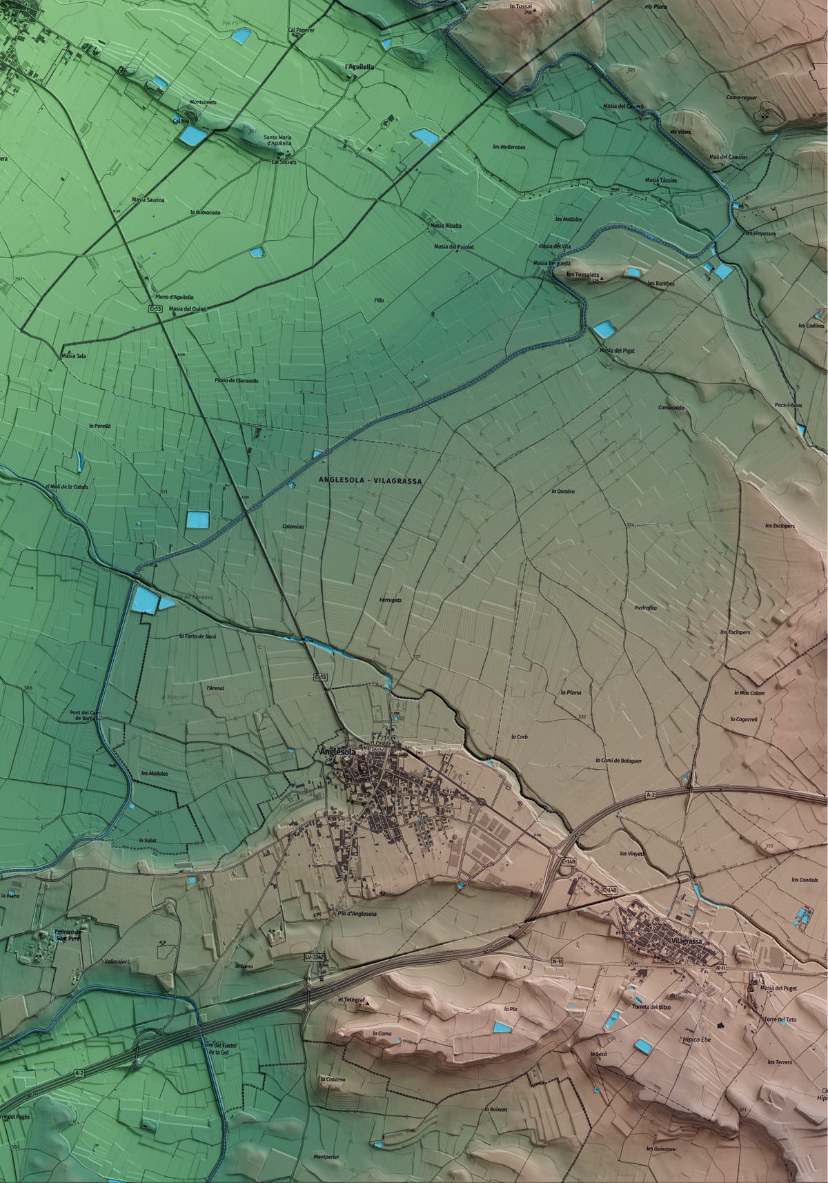 Mapa artístico del relieve de Tornabous, al Urgell, con 15 km de entorno y base topográfica ICGC. Detalle de la zona inferior derecha.
