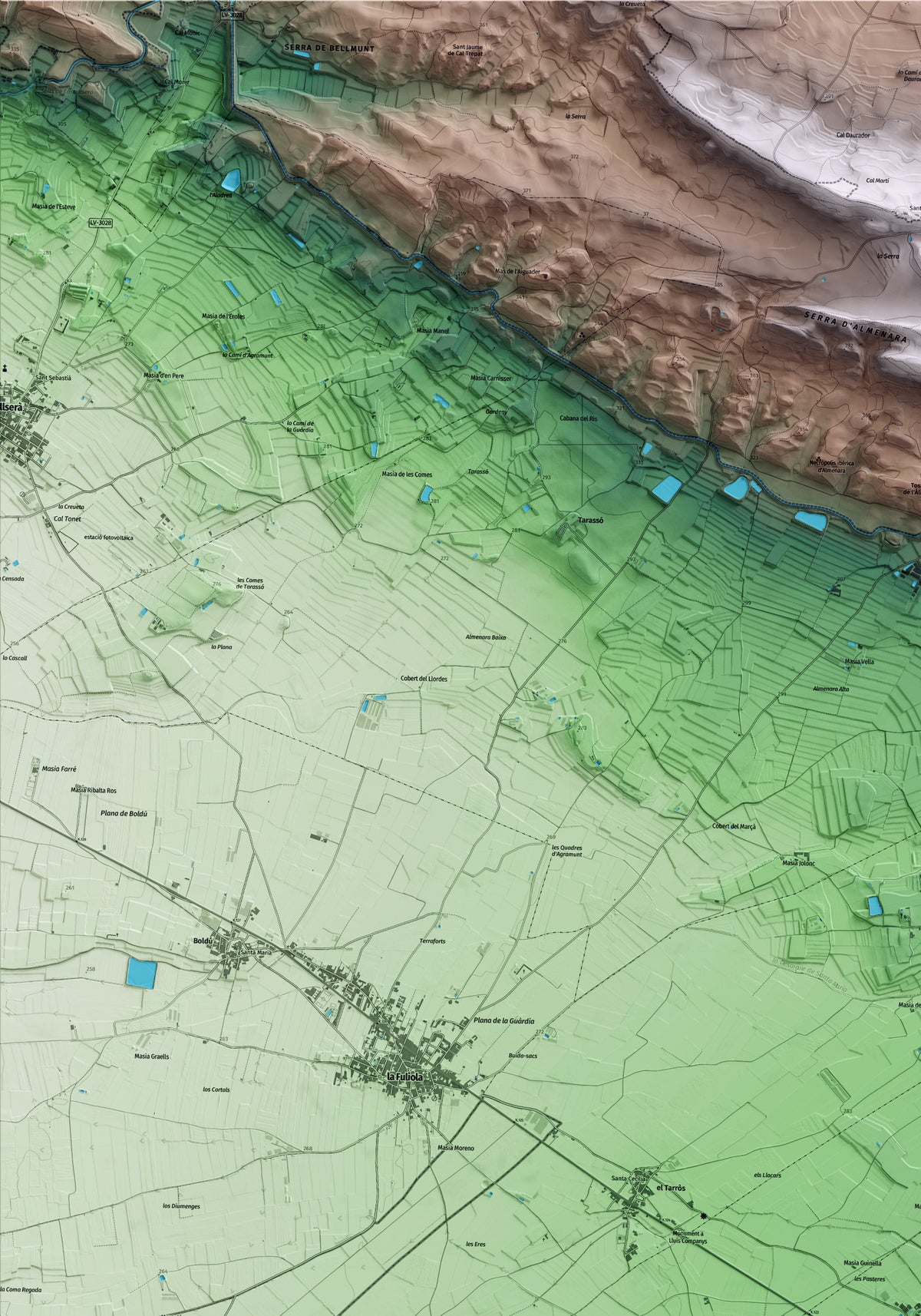 Mapa artístico del relieve de Tornabous, al Urgell, con 15 km de entorno y base topográfica ICGC. Detalle de la zona superior izquierda.