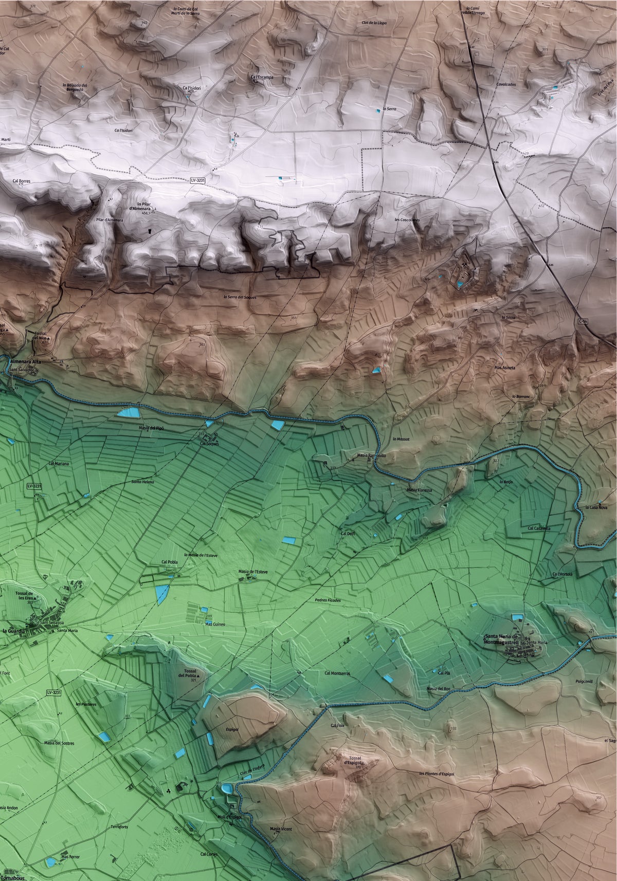 Mapa artístico del relieve de Tornabous, al Urgell, con 15 km de entorno y base topográfica ICGC. Detalle de la zona superior derecha.