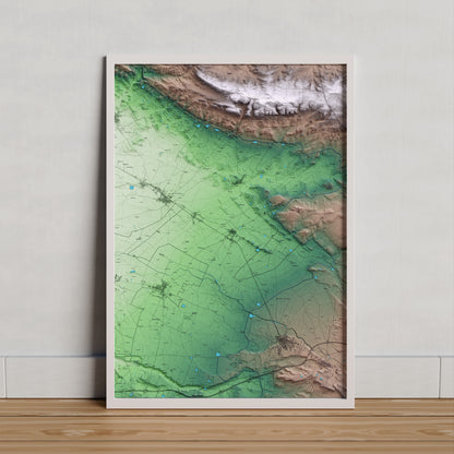 Mapa artístico del relieve de Tornabous, al Urgell, con 15 km de entorno y base topográfica ICGC. Presentación enmarcada.