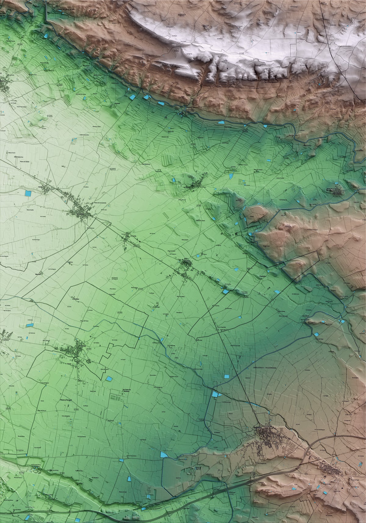 Mapa artístico del relieve de Tornabous, al Urgell, con 15 km de entorno y base topográfica ICGC