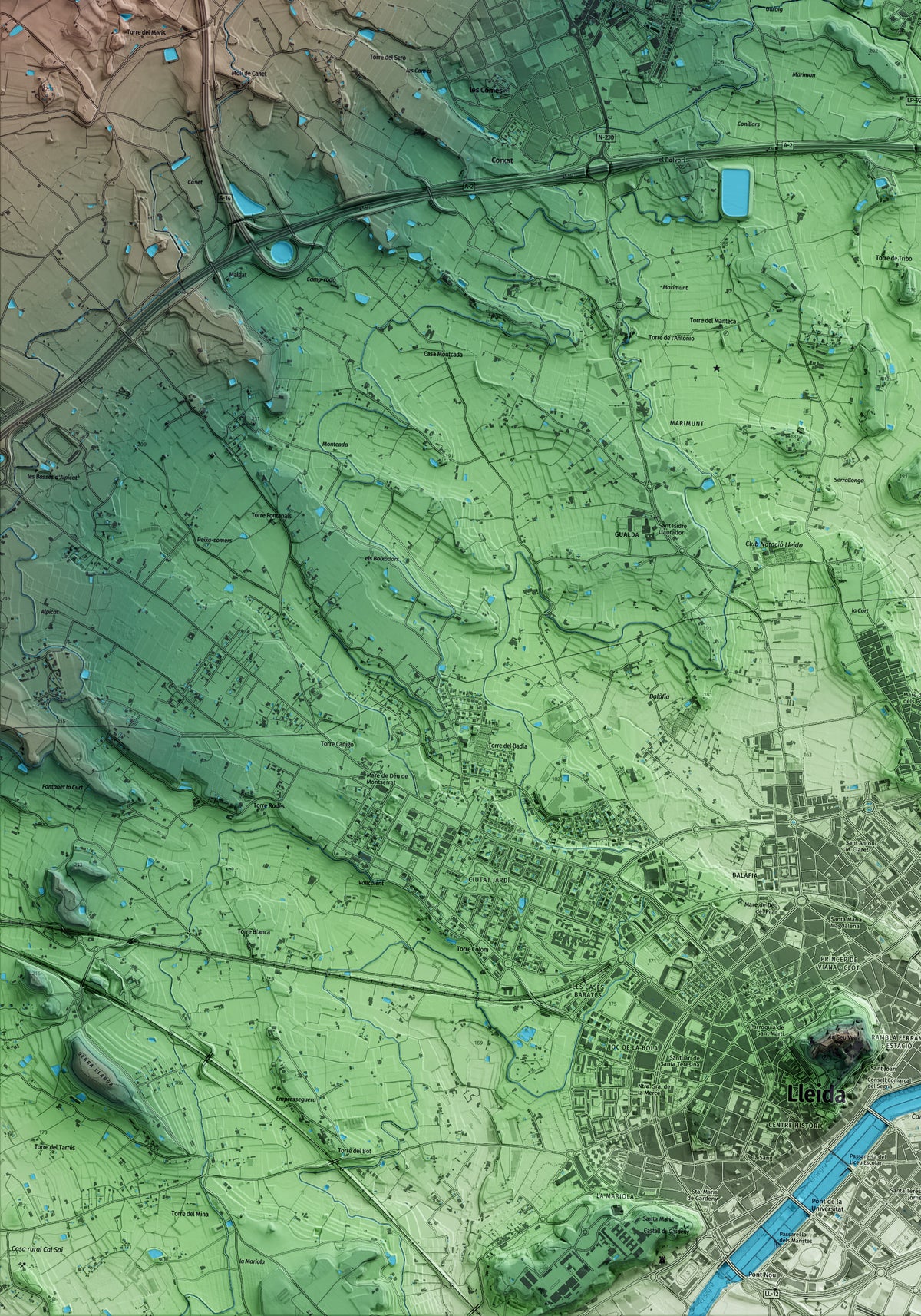 Mapa artístico del relieve de Torre-serona, al Segrià, con 15 km de entorno y base topográfica ICGC. Detalle de la zona inferior izquierda.