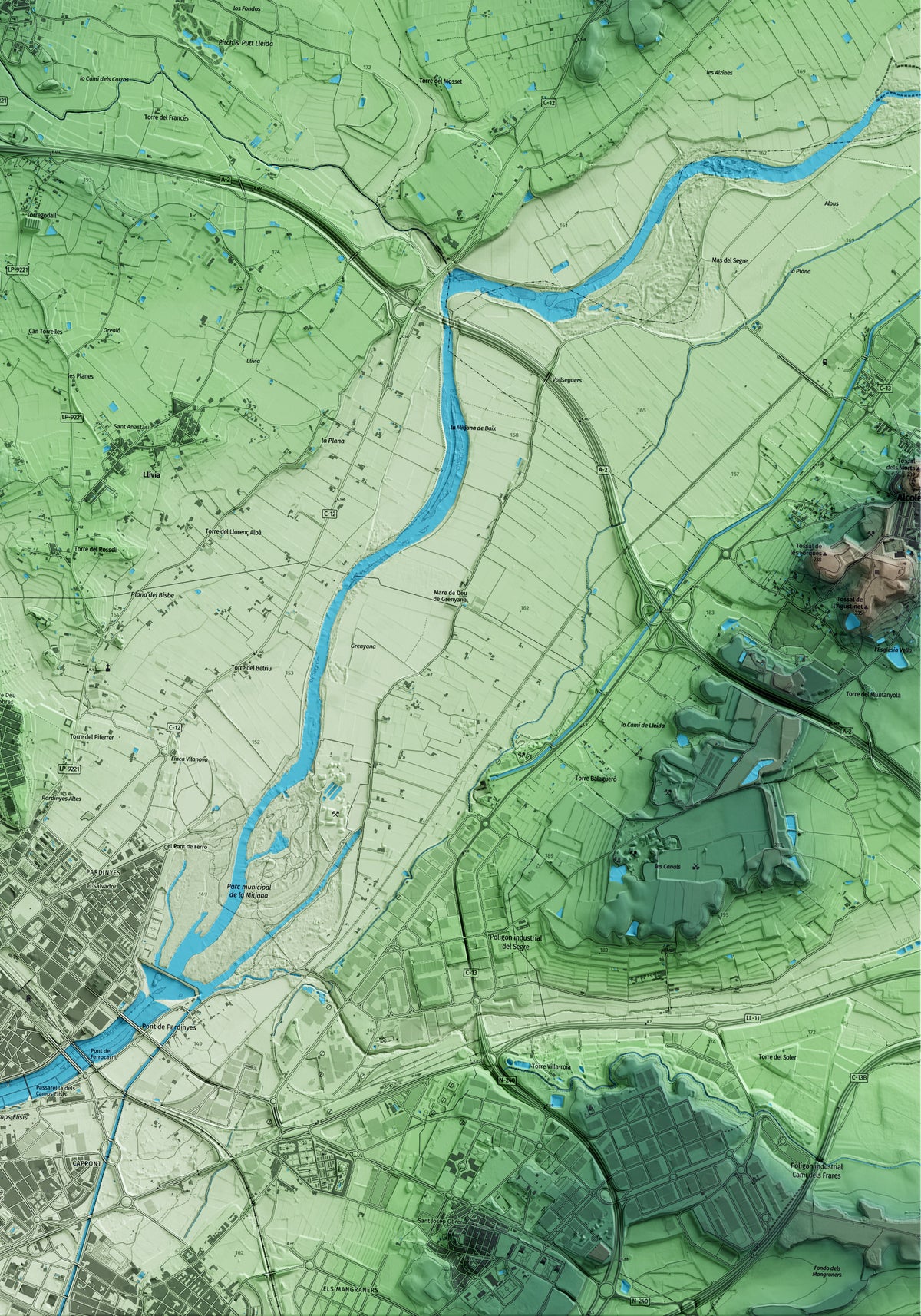 Mapa artístico del relieve de Torre-serona, al Segrià, con 15 km de entorno y base topográfica ICGC. Detalle de la zona inferior derecha.