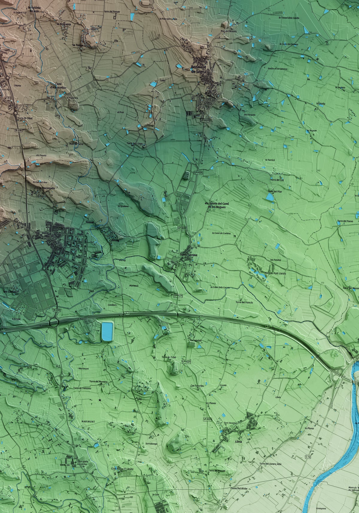 Mapa artístico del relieve de Torre-serona, al Segrià, con 15 km de entorno y base topográfica ICGC. Detalle de la zona central.