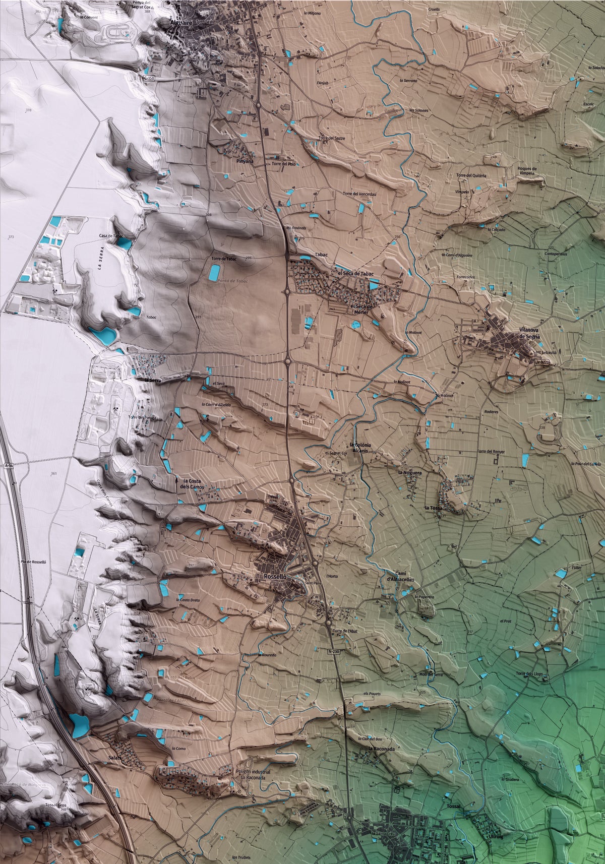 Mapa artístico del relieve de Torre-serona, al Segrià, con 15 km de entorno y base topográfica ICGC. Detalle de la zona superior izquierda.