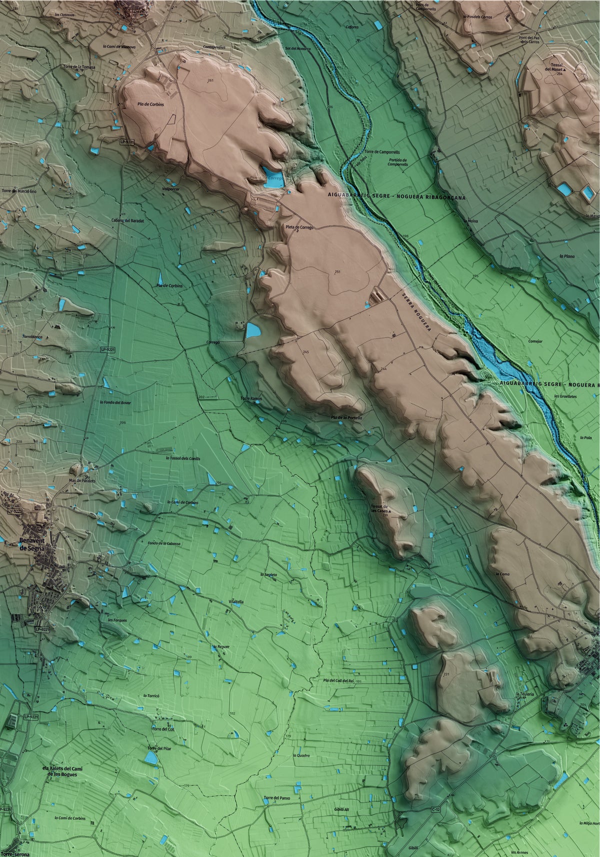 Mapa artístico del relieve de Torre-serona, al Segrià, con 15 km de entorno y base topográfica ICGC. Detalle de la zona superior derecha.