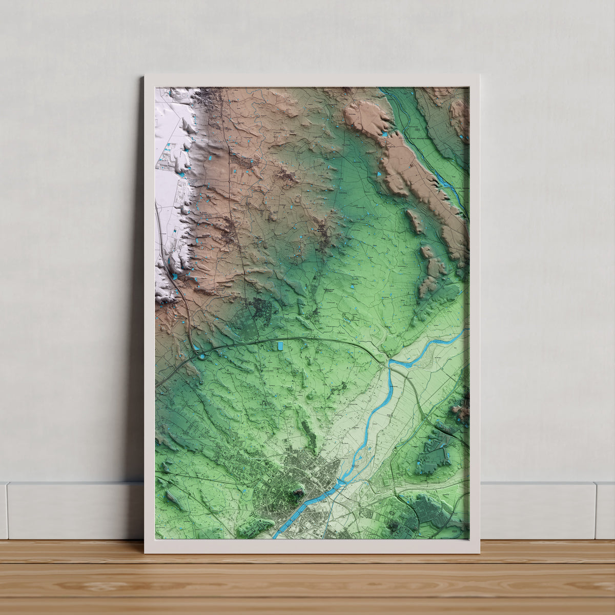 Mapa artístico del relieve de Torre-serona, al Segrià, con 15 km de entorno y base topográfica ICGC. Presentación enmarcada.