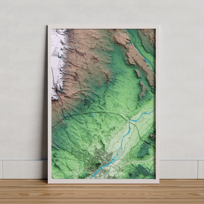 Mapa artístico del relieve de Torre-serona, al Segrià, con 15 km de entorno y base topográfica ICGC. Presentación enmarcada.