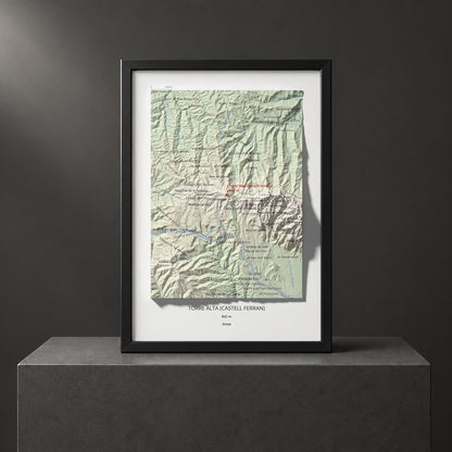 Mapa de relieve de Torre Alta (Castell Ferran), 842 m, Anoia, lámina 100 Cims de Trobart. Presentación enmarcada. 21 × 30 cm.