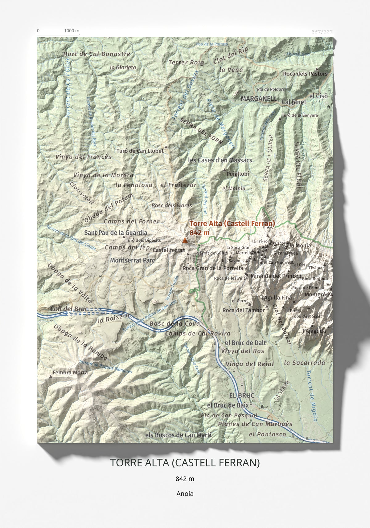 Mapa de relieve de Torre Alta (Castell Ferran), 842 m, Anoia, lámina 100 Cims de Trobart 21 × 30 cm.