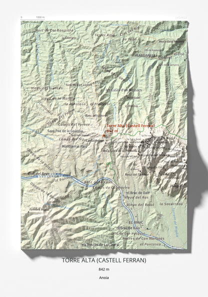 Mapa de relieve de Torre Alta (Castell Ferran), 842 m, Anoia, lámina 100 Cims de Trobart 21 × 30 cm.
