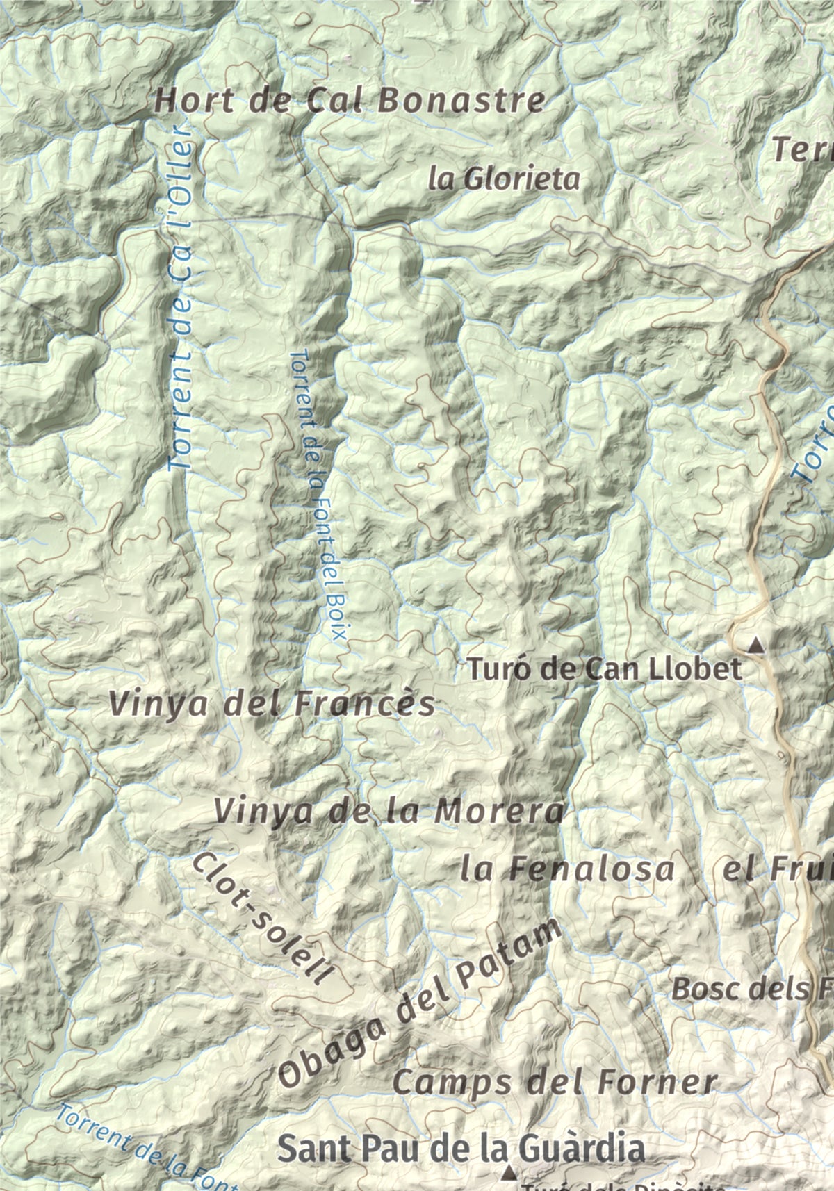 Mapa de relieve de Torre Alta (Castell Ferran), 842 m, Anoia, lámina 100 Cims de Trobart. Detalle de la zona superior izquierda. 21 × 30 cm.
