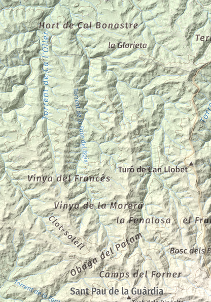 Mapa de relieve de Torre Alta (Castell Ferran), 842 m, Anoia, lámina 100 Cims de Trobart. Detalle de la zona superior izquierda. 21 × 30 cm.