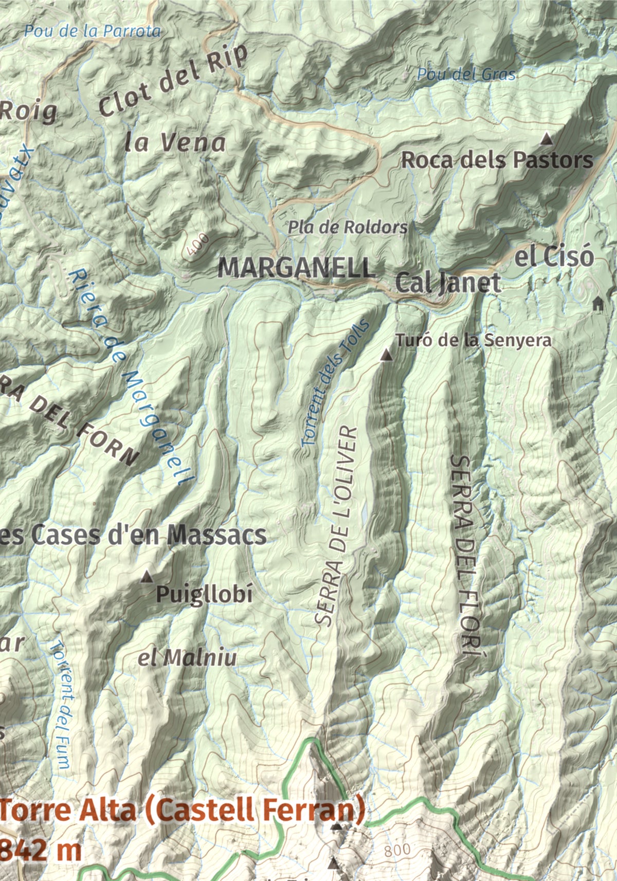 Mapa de relieve de Torre Alta (Castell Ferran), 842 m, Anoia, lámina 100 Cims de Trobart. Detalle de la zona superior derecha. 21 × 30 cm.