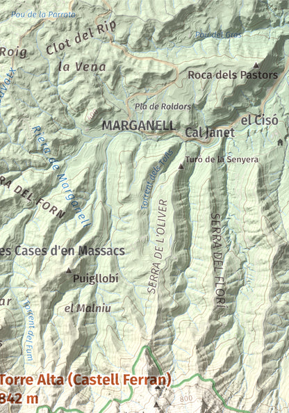 Mapa de relieve de Torre Alta (Castell Ferran), 842 m, Anoia, lámina 100 Cims de Trobart. Detalle de la zona superior derecha. 21 × 30 cm.
