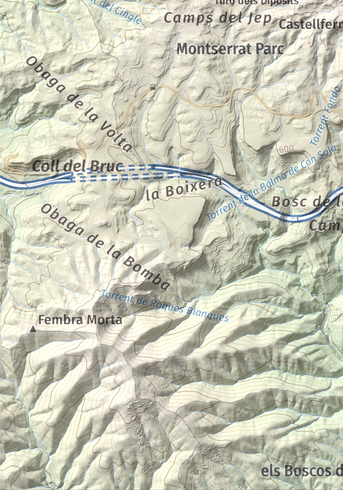 Mapa de relieve de Torre Alta (Castell Ferran), 842 m, Anoia, lámina 100 Cims de Trobart. Detalle de la zona inferior izquierda. 21 × 30 cm.
