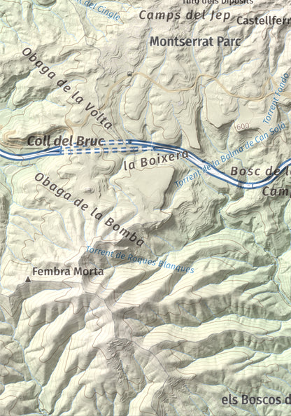 Mapa de relieve de Torre Alta (Castell Ferran), 842 m, Anoia, lámina 100 Cims de Trobart. Detalle de la zona inferior izquierda. 21 × 30 cm.