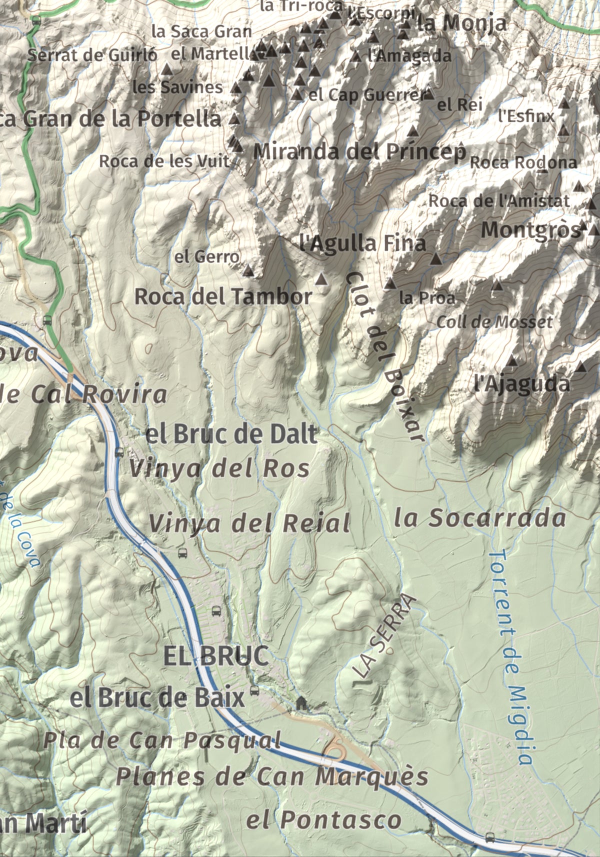 Mapa de relieve de Torre Alta (Castell Ferran), 842 m, Anoia, lámina 100 Cims de Trobart. Detalle de la zona inferior derecha. 21 × 30 cm.