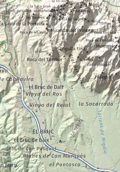 Mapa de relieve de Torre Alta (Castell Ferran), 842 m, Anoia, lámina 100 Cims de Trobart. Detalle de la zona inferior derecha. 21 × 30 cm.
