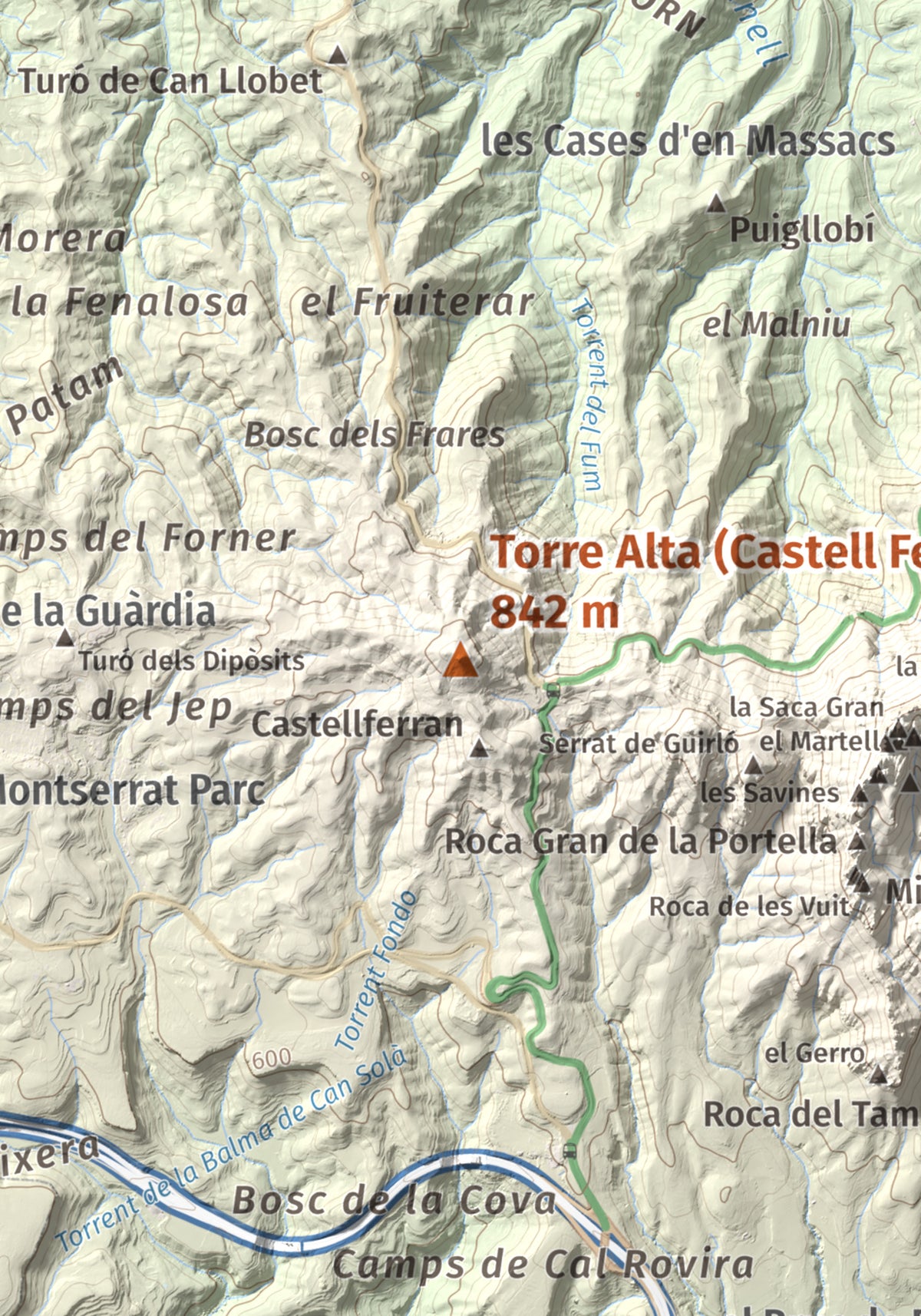 Mapa de relieve de Torre Alta (Castell Ferran), 842 m, Anoia, lámina 100 Cims de Trobart. Detalle de la zona central. 21 × 30 cm.
