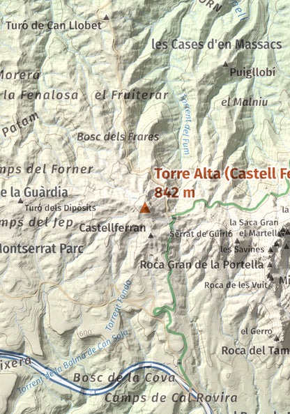 Mapa de relieve de Torre Alta (Castell Ferran), 842 m, Anoia, lámina 100 Cims de Trobart. Detalle de la zona central. 21 × 30 cm.