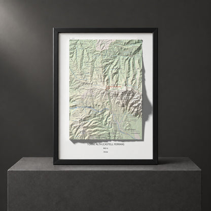 Mapa de relieve de Torre Alta (Castell Ferran), 842 m, Anoia, lámina 100 Cims de Trobart. Presentación enmarcada. 30 × 40 cm.