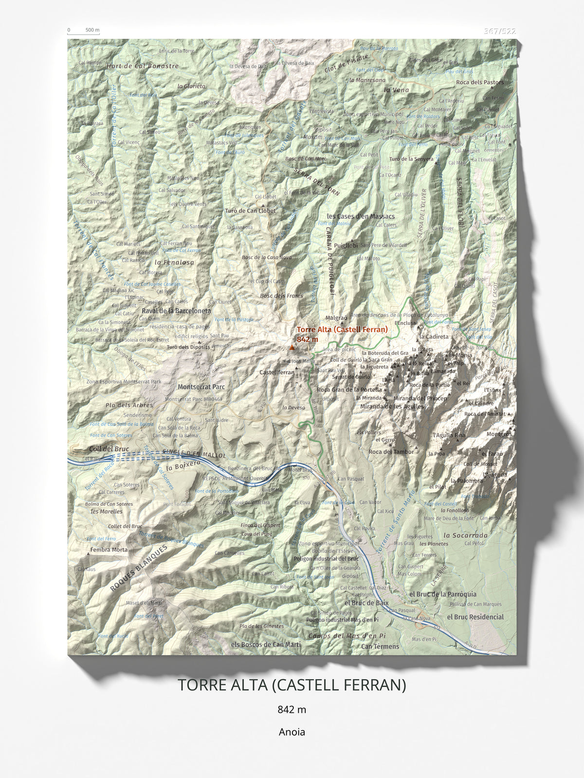 Mapa de relieve de Torre Alta (Castell Ferran), 842 m, Anoia, lámina 100 Cims de Trobart 30 × 40 cm.