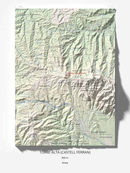 Mapa de relieve de Torre Alta (Castell Ferran), 842 m, Anoia, lámina 100 Cims de Trobart 30 × 40 cm.