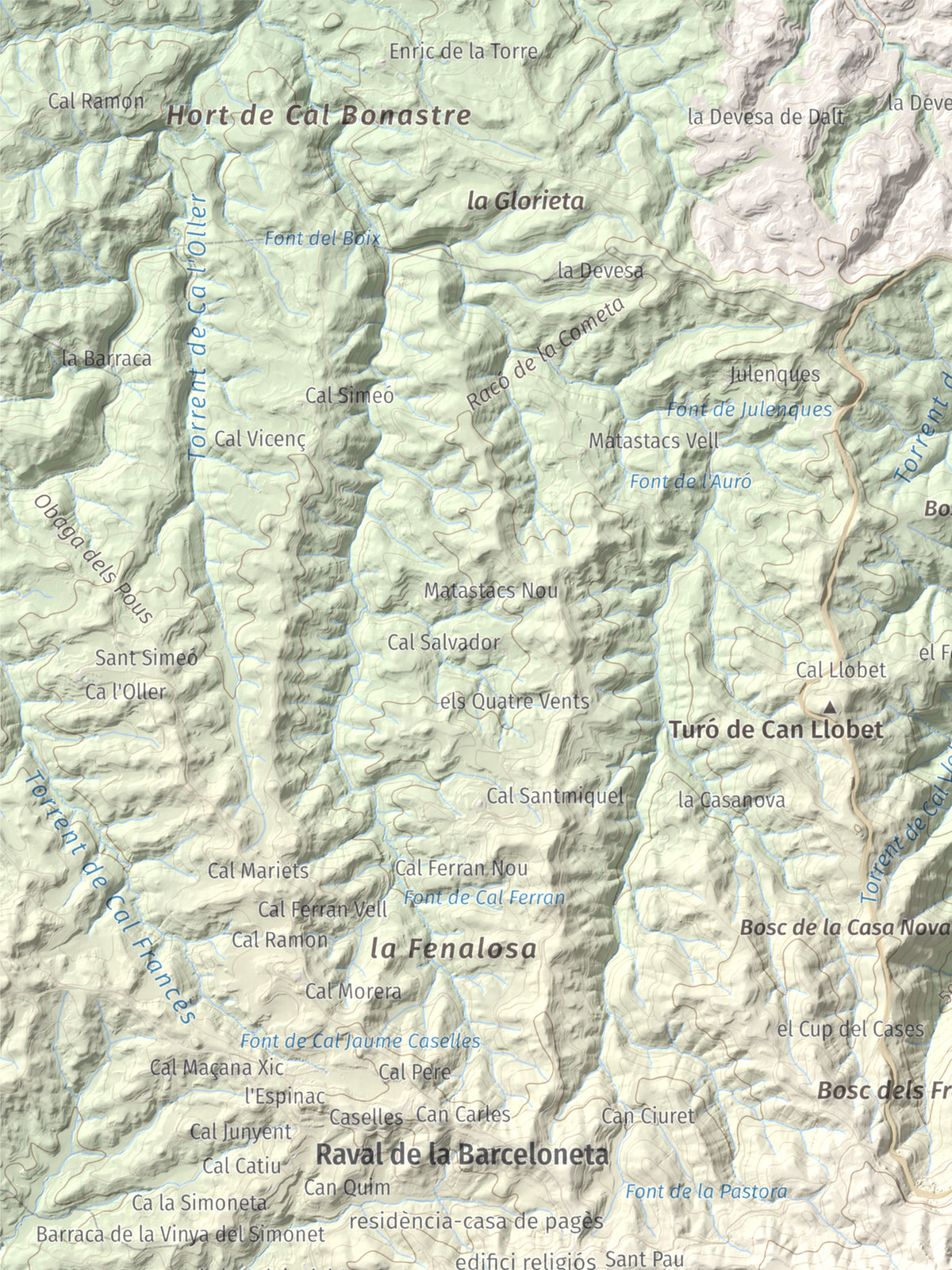 Mapa de relieve de Torre Alta (Castell Ferran), 842 m, Anoia, lámina 100 Cims de Trobart. Detalle de la zona superior izquierda. 30 × 40 cm.