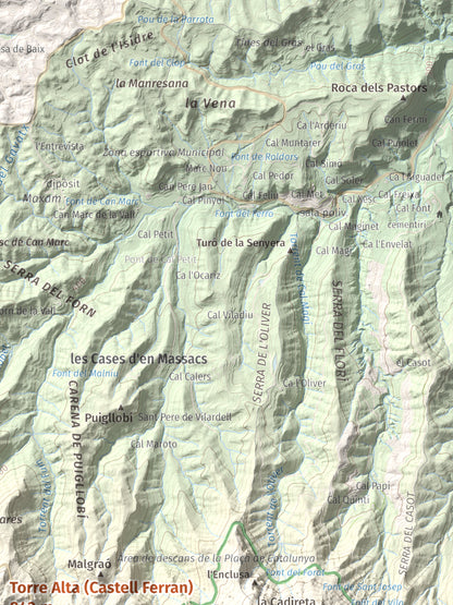 Mapa de relieve de Torre Alta (Castell Ferran), 842 m, Anoia, lámina 100 Cims de Trobart. Detalle de la zona superior derecha. 30 × 40 cm.