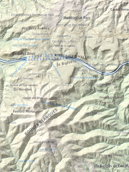 Mapa de relieve de Torre Alta (Castell Ferran), 842 m, Anoia, lámina 100 Cims de Trobart. Detalle de la zona inferior izquierda. 30 × 40 cm.